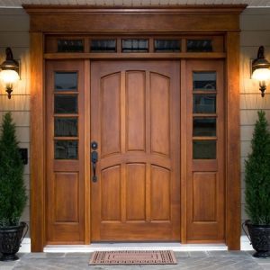 Wooden door with transom and sidelights